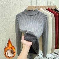 Autumn Winter Warm Sweater Solid Versatile Pullover Women Thicken Plush Velvet Knitwear Jumper Korean Turtleneck Soft Knit Tops