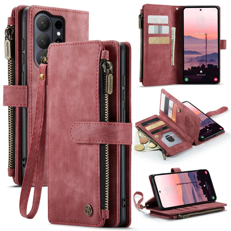 Leather Wallet Phone Case with Wrist Strap and Zipper Card Holder