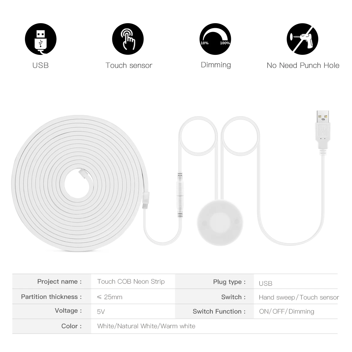 높은 밝기 USB 5V COB 네온 LED 스트립 라이트 테이프, 320LEDs/m, 침투 가능한 나무 손 모션 스캔 터치 센서, 조도 조절 스위치