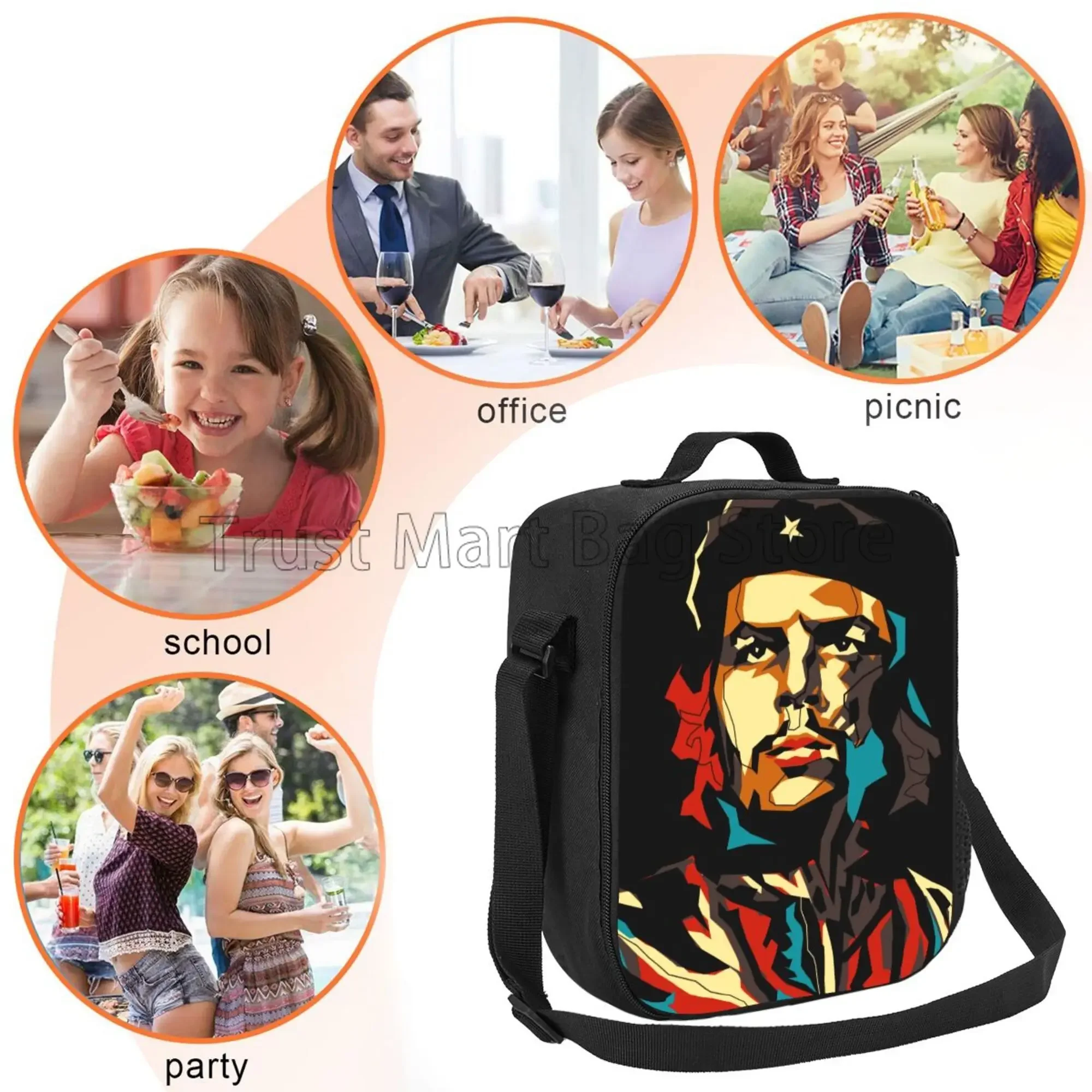 Che Guevara Portrait Print Insulated Lunch Bag Tote Handbag Food Container Thermal Cooler Pouch for Beach School Work Office
