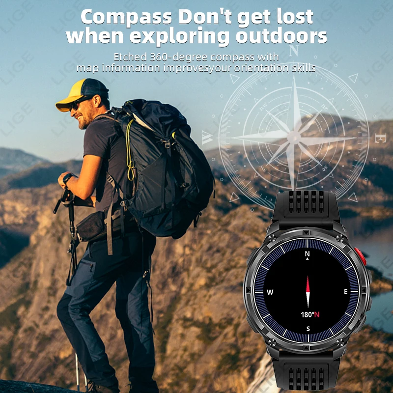 LIGE 2026 Military Men Smart Watch Compass Waterproof Bluetooth Call Smartwatch Heart Rate Monitor Fitness Sports Smart Watches