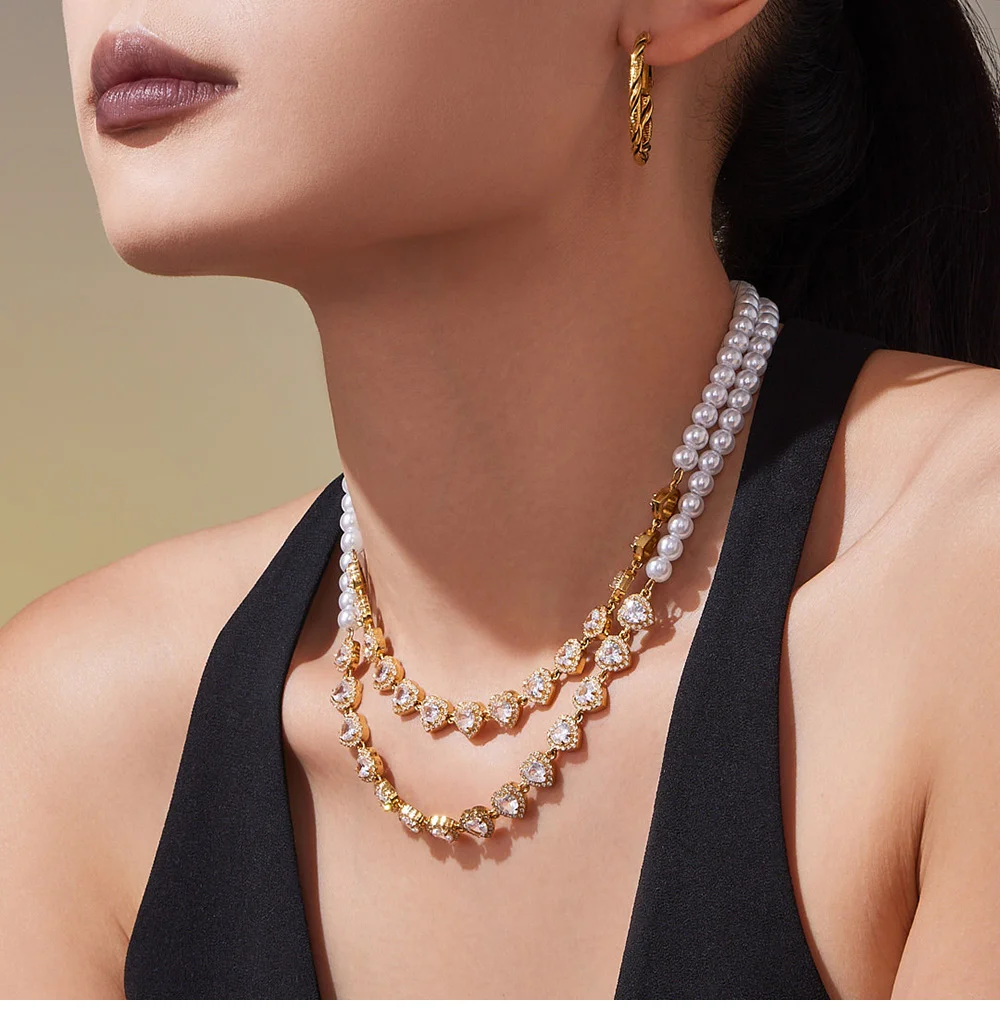Weiße Imitationsperle Perlenkette Halskette Damen Edelstahl vergoldet glänzender Zirkon Herz Halskette Halsband Luxusschmuck – Detail 5