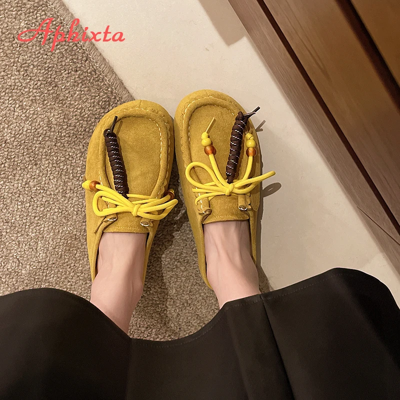 Aphixta 2025 New Summer Sewing Flat With Outside Slipper Women String Bead Lace Up Fashion Women Shoes Slip On Yellow Slides
