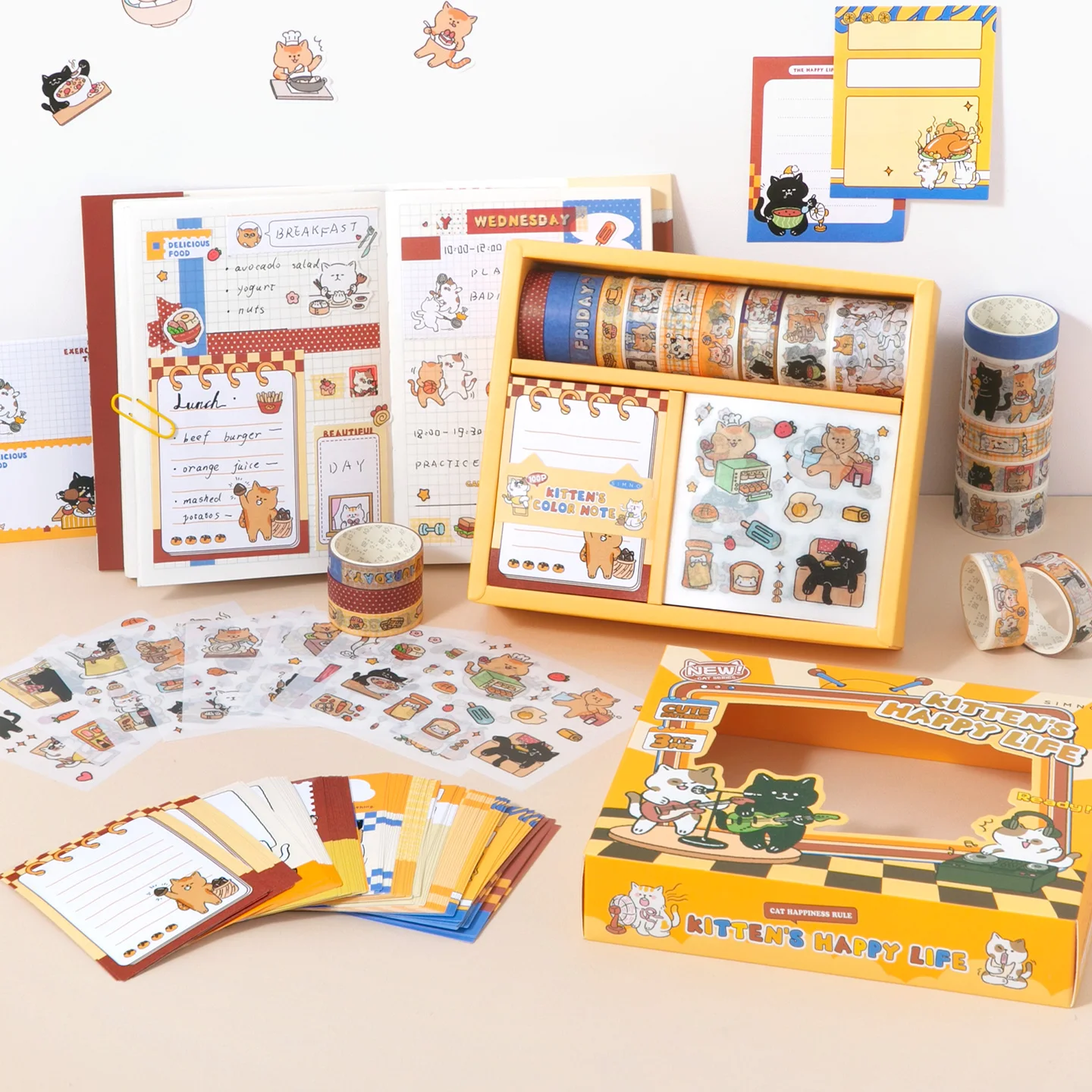 120개 귀여운 고양이 스크랩북 용품 키트 문구 세트 메모지 와시 테이프 & 스티커 포함 고양이 애호가를 위한 공예 선물