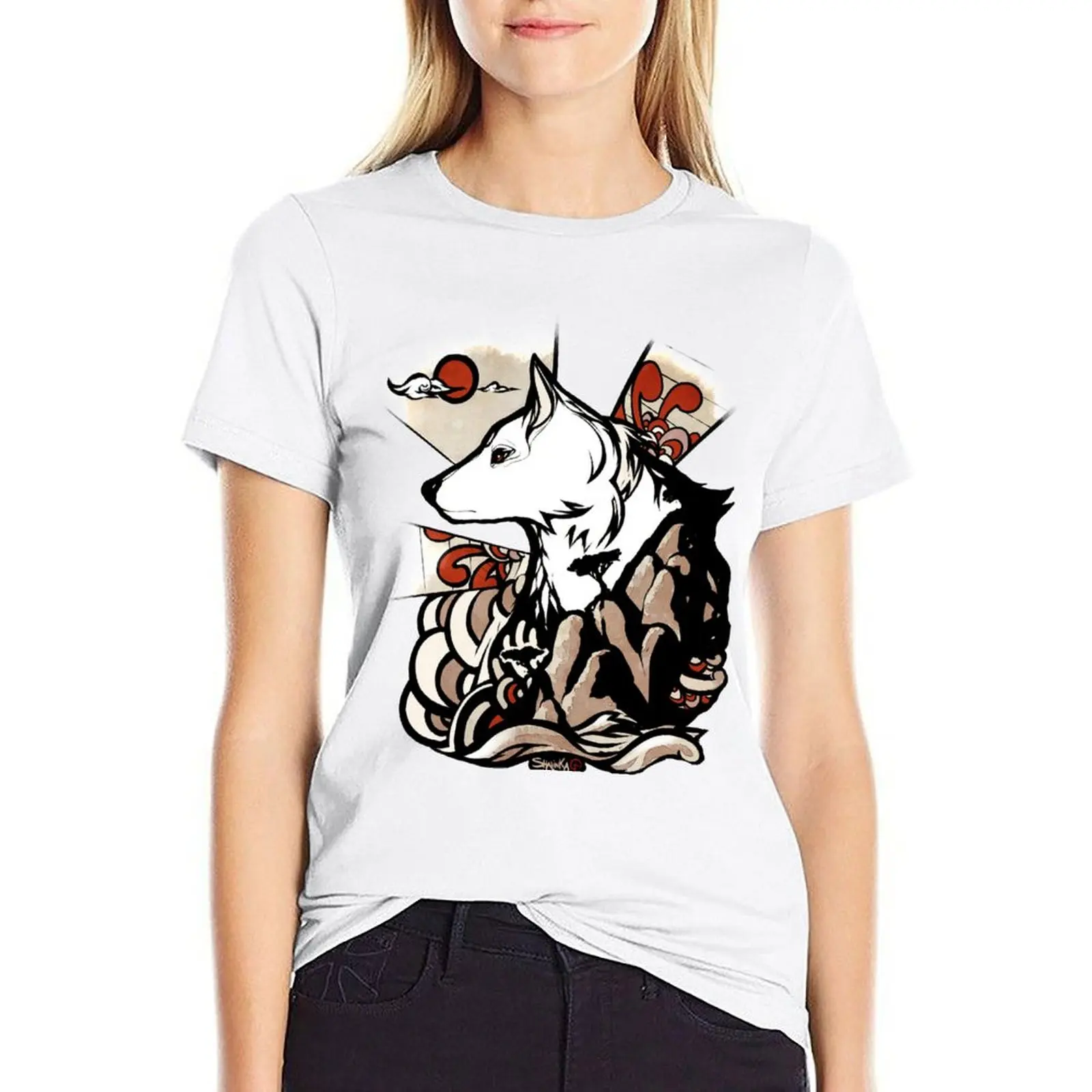 

Wolf Ukiyo-e T-shirt summer top plus size tops black t-shirts for Women