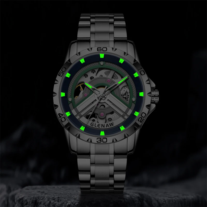 GLENAW Original Brand Skeleton Automatic Movement Man Watch Mechanical Waterproof Male Wrist Watches Fashion Sports Clockwork