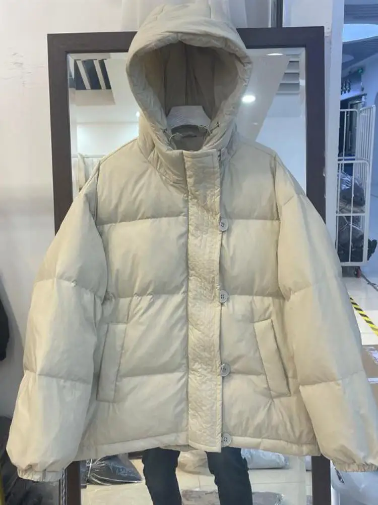

Winter Down Coat Women Short Hooded White Duck Down Casual Warm Soft Solid Bread Jacket Ladies Puffer Coat Streetwear