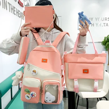 5 세트 배낭 틴 소녀 학생 가방 여성 대용량 배낭 귀여운 BookBags 방수 학교 가방 2022