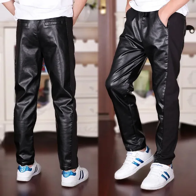 Кожаные Брюки От 4 до 18 лет для мальчиков, повседневные модные черные брюки в стиле пэчворк с эластичным поясом, высокое качество 1
