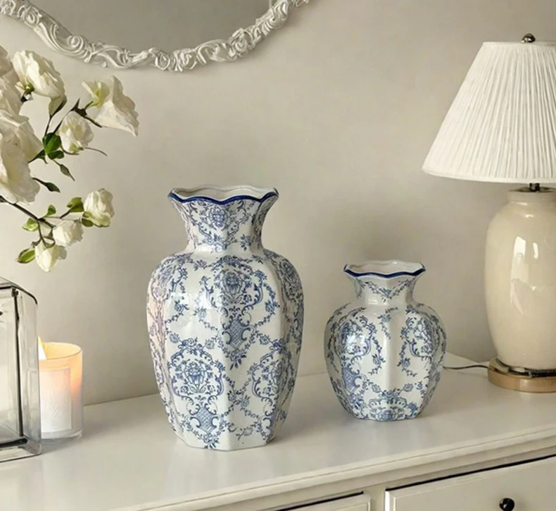 Hand-Painted Vase Blue White Porcelain Vase Elegant Home Decor Living Room Entryway Desktop Flower Arrangement Display Ornaments