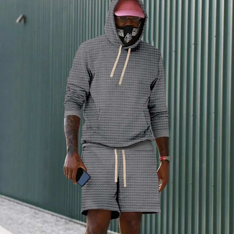 Men's Daily Casual Sports Suits Summer Kangaroo Pocket Hooded Sweatshirt Loose Waist Lace-up Shorts Square Fabric Two-piece Sets