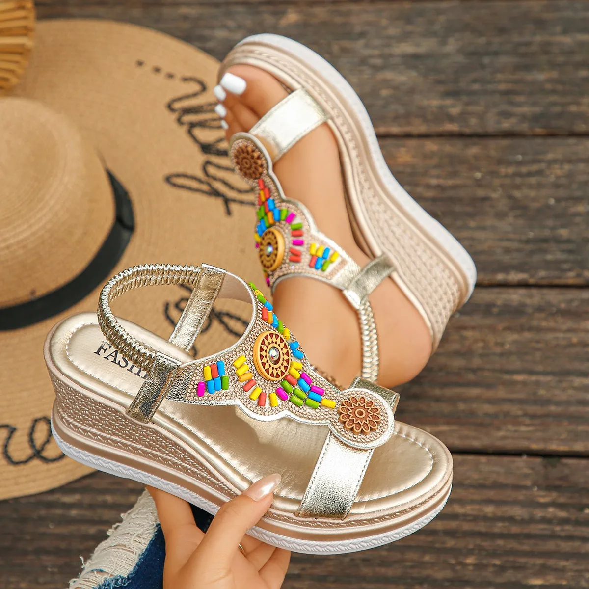 Bohemian Style Thick Bottom Wedges Sandals Women 2025 Summer Retro Chunky Platform Sandals Woman Plus Size 43 Beach Shoes Mujer