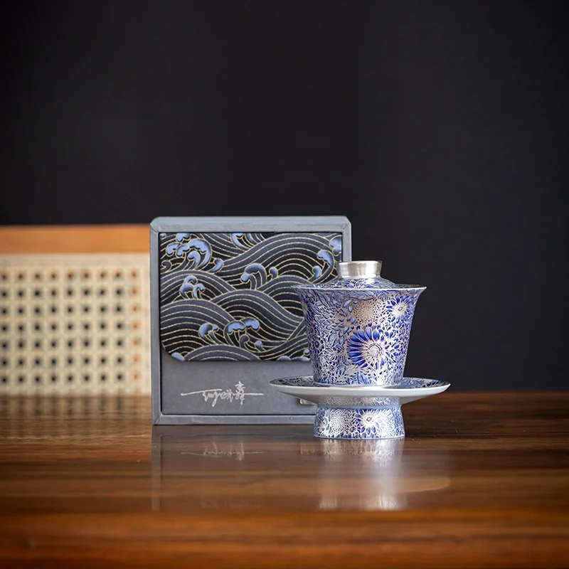 125ML Ceramics Gilded Silver Sunflower Gaiwan Handmade Household Kung Fu Tea Set Tea Bowl Cup Tureen Pot Gift Box