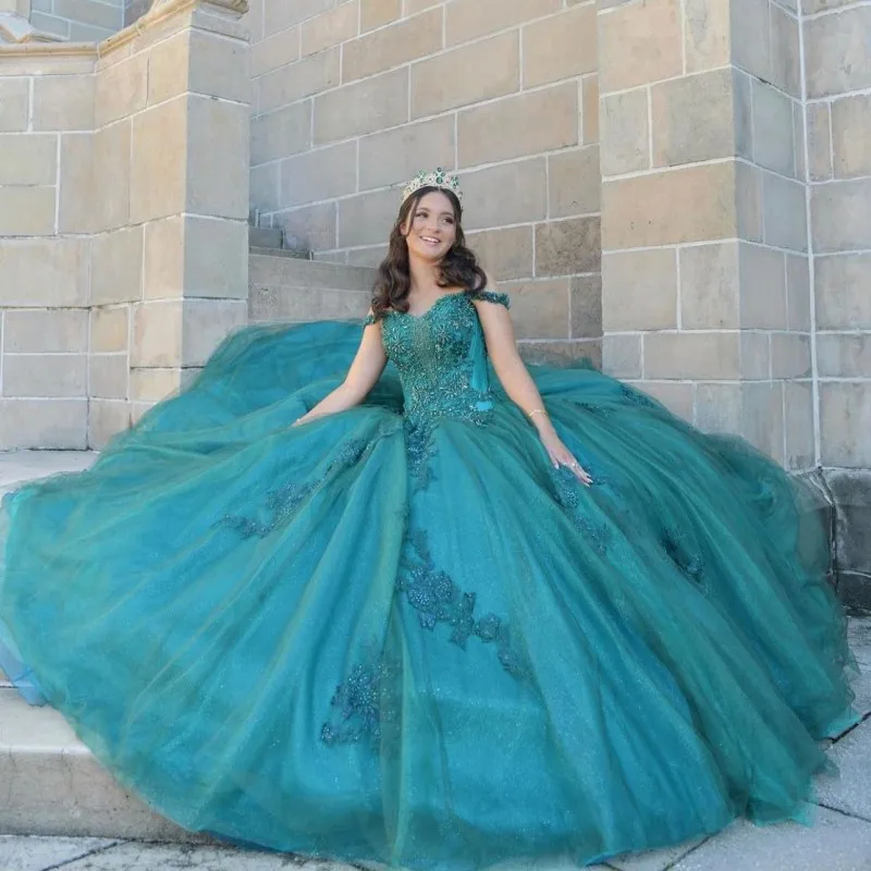 

Blackish Green Quinceanera Dresses Sexy Off the Shoulder Princess Ball Gown Lace Beading for 15 Year Girl Corset Party Dress