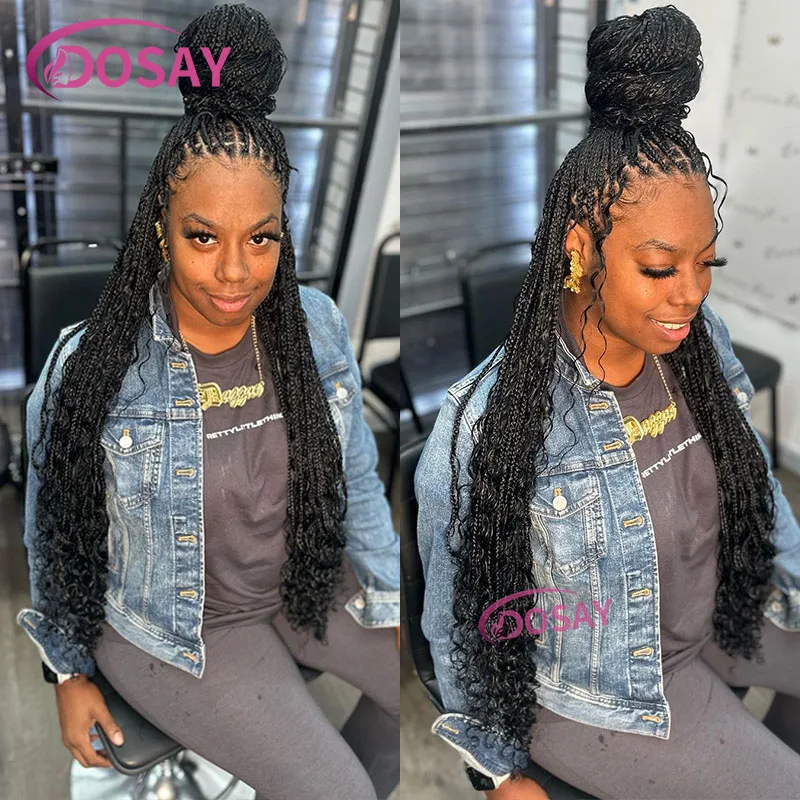 

32" Bohemian Full Lace Front Wig Box Braid Wigs With Baby Hair Embroidery Boho Braided Wig For Black Woman Knotless Goddess Wig