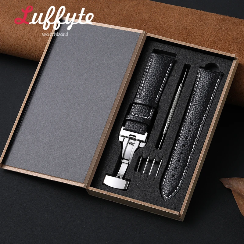Elegant Lychee Leather Watch Band with Butterfly Buckle - Includes Gift Box