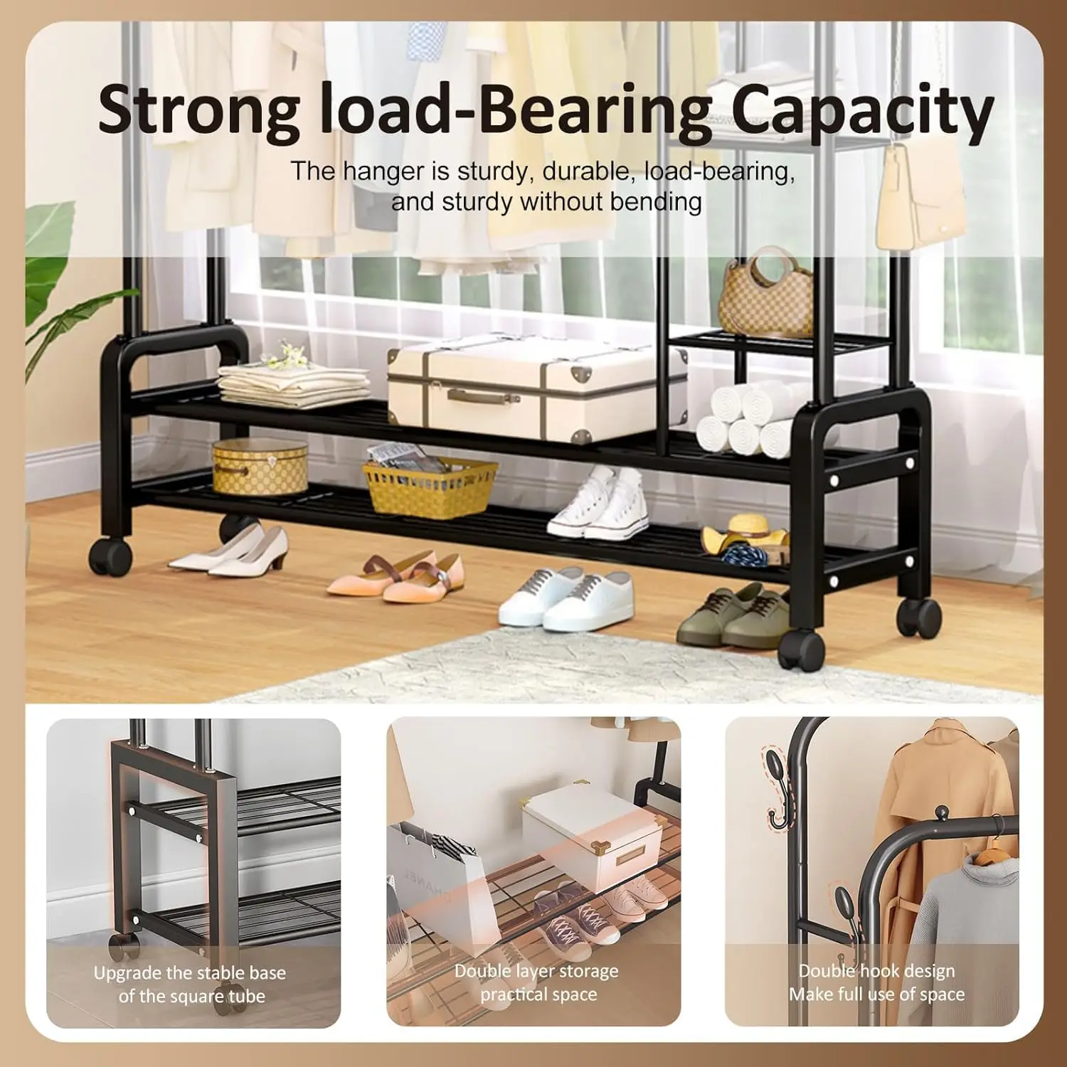 رف ملابس مزدوج حديد وعجلات متحركة 3 طبقات