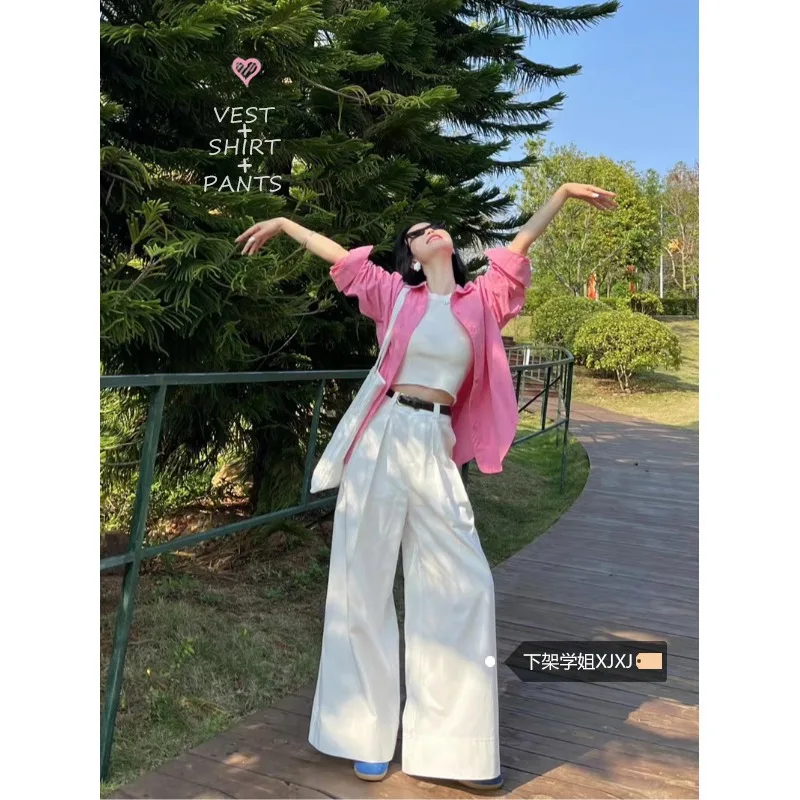 

Korean Version Casual Commuting Fashion Vest for Women's Spring 2024 New Loose Shirt High Waisted Wide Leg Pants Three Piece Set