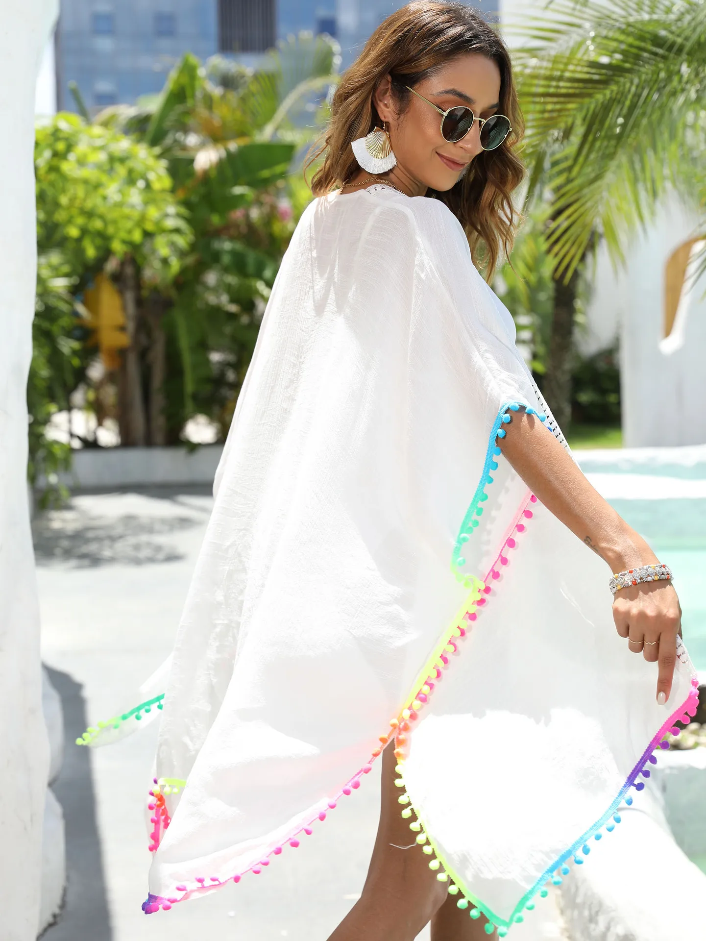 Women's Colorful Tassel Splicing Sunscreen Hollow Loose Irregular Vacation Beach Towel Bikini Cover Up 2024 New Style