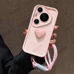 Huawei Pura Series 3D Love Heart Hand Strap Shockproof Silicone Case for Huawei Pura 70 Pro (Pink)