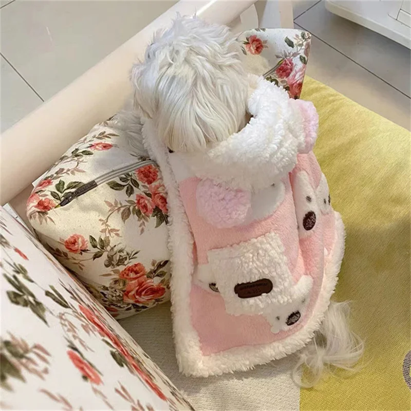 Dog windbreaker with hat small dog clothes lovely bear cloak warm blanket