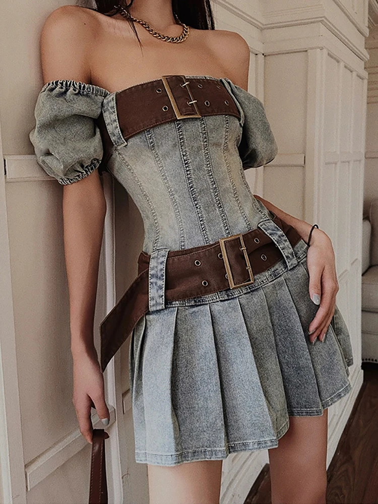 

Летние женские облегающие джинсовые платья с квадратным вырезом, винтажное Плиссированное мини-платье с большим поясом, популярное джинсовое платье с пышными рукавами для девочек, уличная одежда