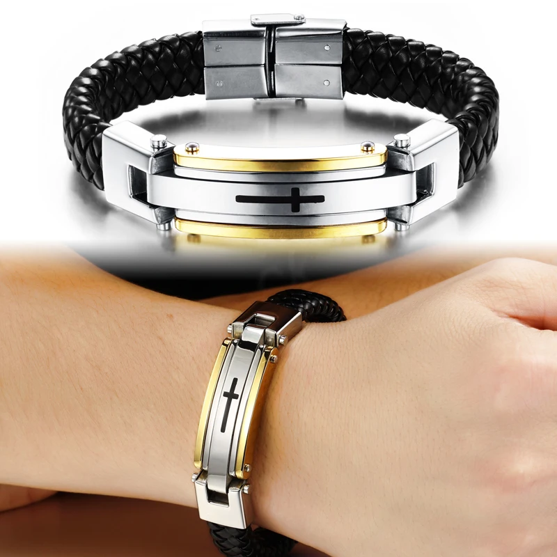 Fashion Men's Cross Stainless Steel Woven Leather Rope Bangles Religious Party Prayer Wishing Amulet Bracelet Jewelry Gift 5