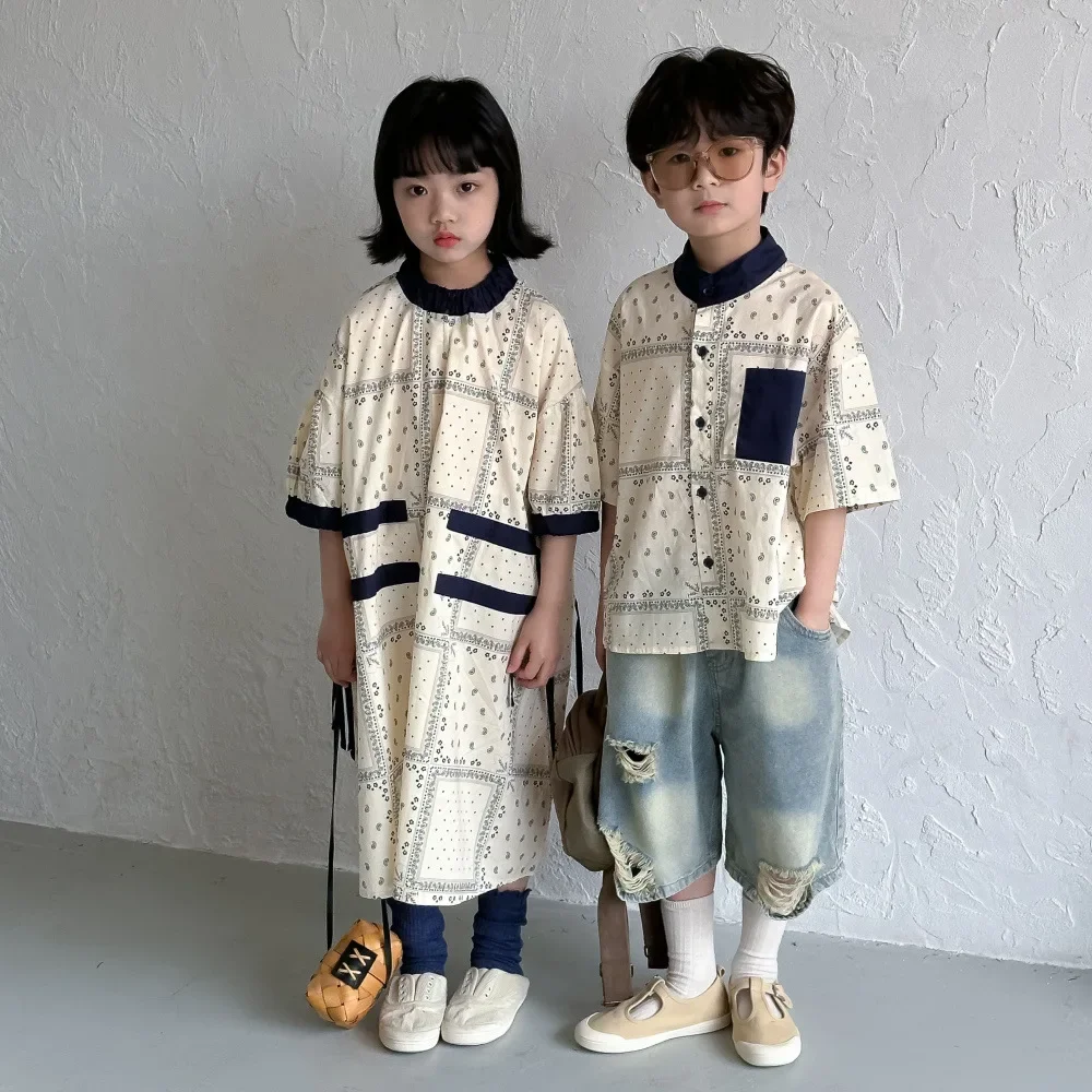 

Children Clothing Shirt 2024 Summer Kids Korean Style Color Short-sleeved Shirt Girls Dress Brother and Sister Clothing