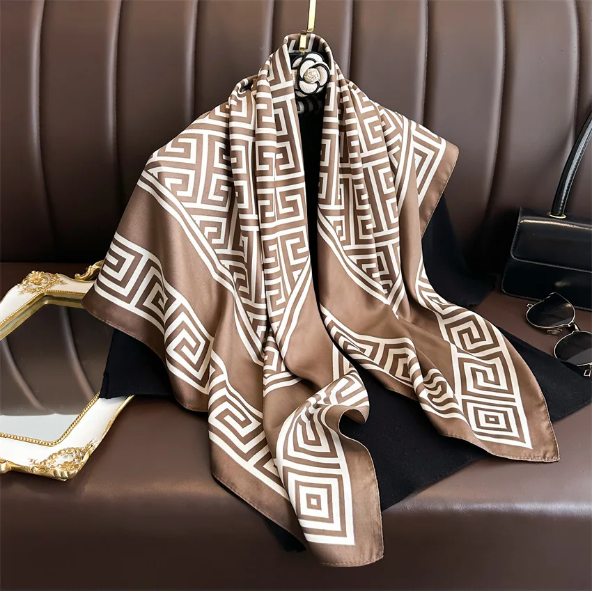 Luxury Fashion Printed Satin Scarf – 90x90CM Square Shawl, Elegant Headscarf, Beach Sun Protection Bandana Safety Accessories Scarves & sarongs