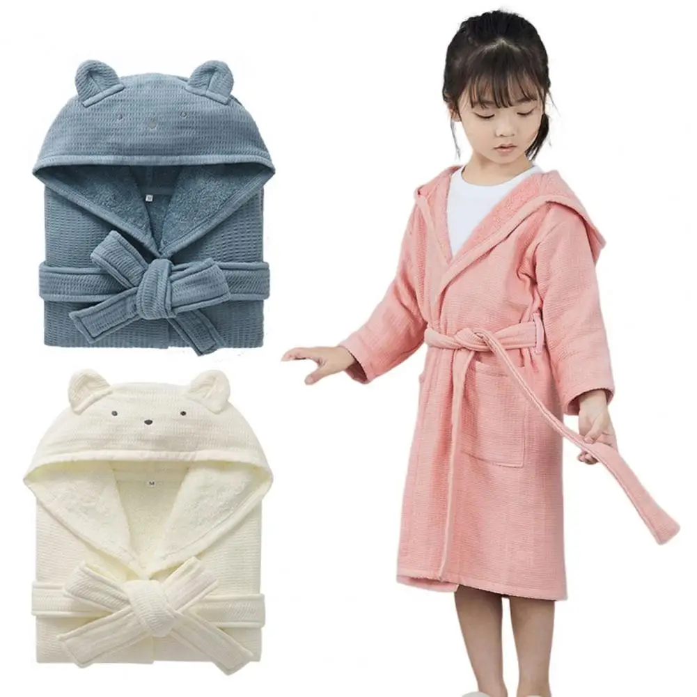 Kids Hooded Bathrobe Belted Thick Soft Water Absorbent Children Robe Solid Color Boys Girls Toddlers Robe Pajamas Sleepwear