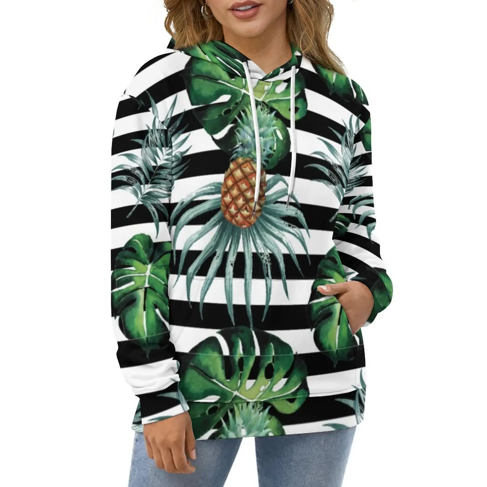 

Tropical Pineapple Hoodies Women Black Stripes Print Classic Casual Hoodie Winter Long Sleeve Y2k Design Hooded Sweatshirts