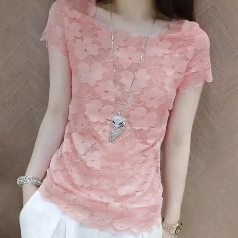 

Summer Sexy Off Shoulder Lace Bottom Shirt Women's New Short Sleeve T-shirt Mesh Blouse Top