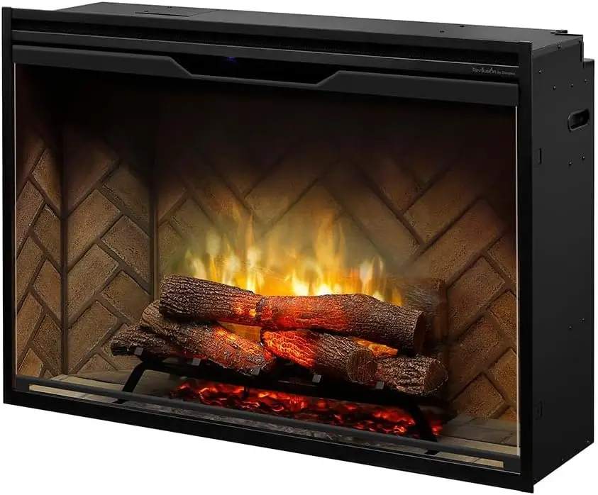 42 Inch Built-in Electric Firebox Herringbone Brick Background Includes Realistic Faux Logset Front Glass Panel Firebox