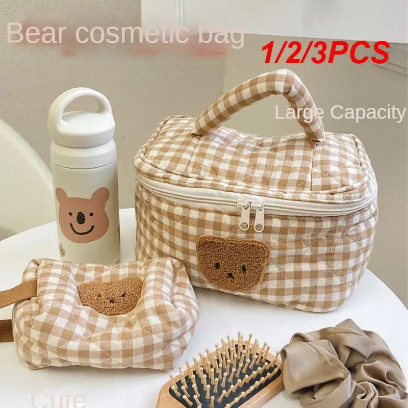 

1/2/3PCS Cute Bear Makeup Pouch Checkerboard Lattice Women Large Capacity Portable Cosmetic Box Case Bags Female Storage Make Up