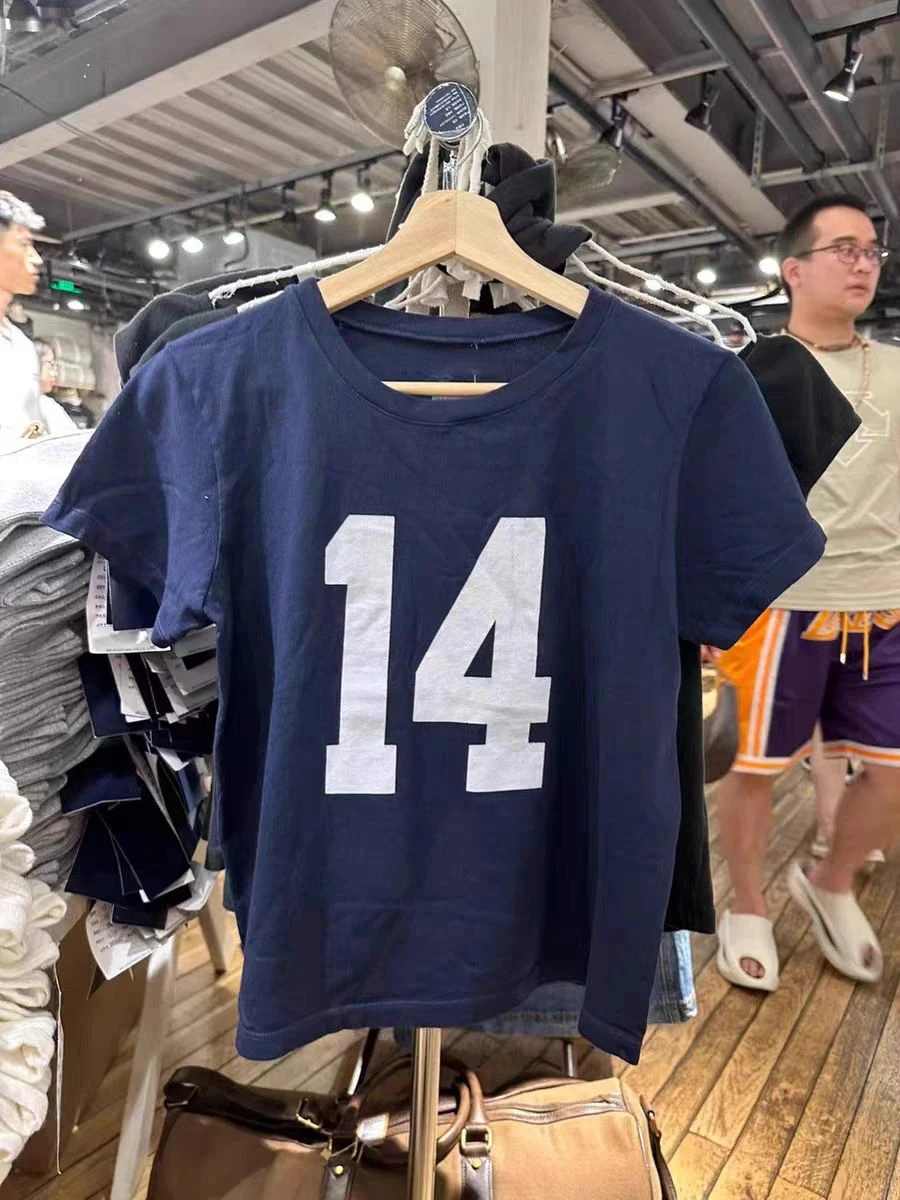 American Vintage 14 Print Navy T-shirts Summer Round Neck Short Sleeve Cotton Cropped Tees Streetwear Casual Basic Pullovers Top 4