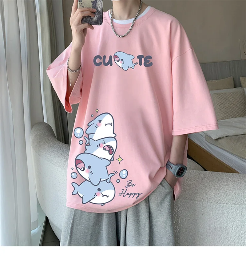 Men's Cotton T-shirts White Men Oversized T Shirt Anime Shark Print Summer Casual Wear 5XL Tee Shirts Big Size Male Clothes