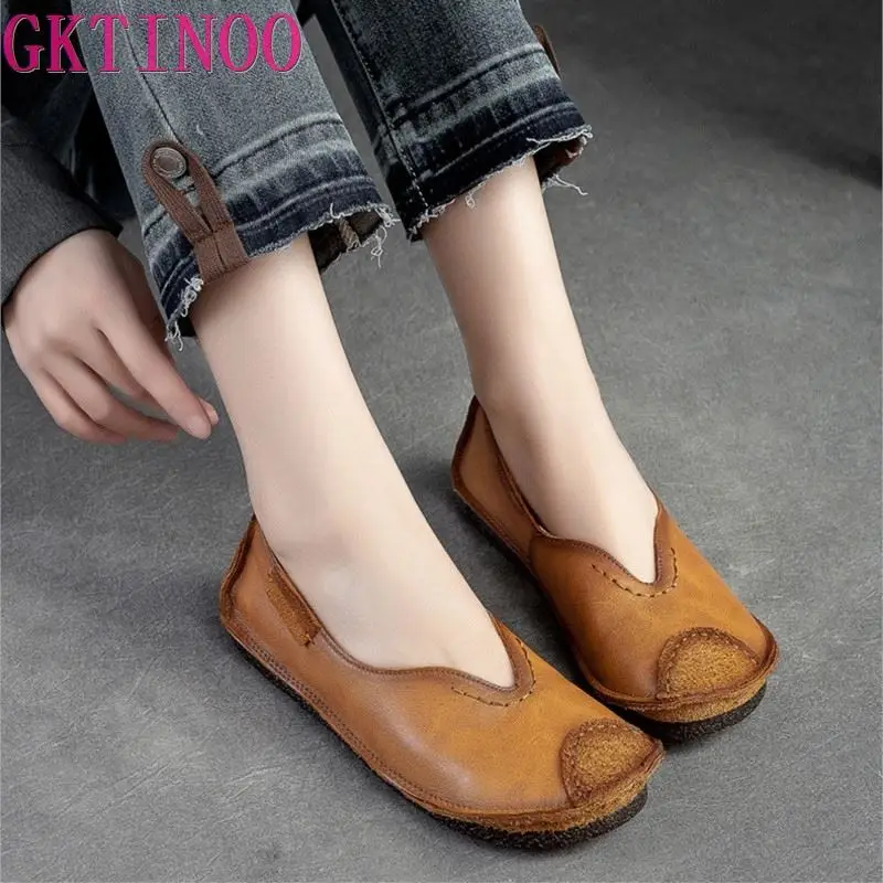 

GKTINOO 2023 New Spring Retro Slip-on Shallow Genuine Leather Shoes Soft Sole Casual Round Toe Loafers Women Flats Shoes