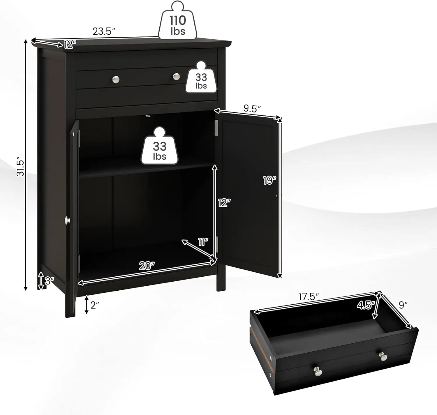 Bathroom Floor Cabinet, Wooden Side Storage Organizer w/Larger Drawer, Adjustable Shelf & 2-Door Cupboard,Freestanding Storage