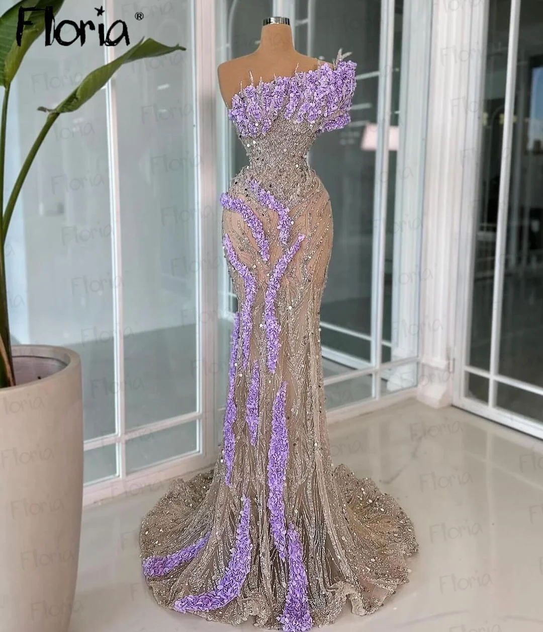 Lavender Flowers Pageant Party Dress Arabic Luxury Nude Champagne Prom Dress  | eBay