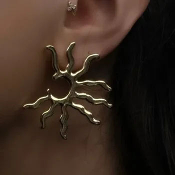 Vintage Irregular Stainless Steel Sun Pendant Earrings for Women Exaggerated 18K Gold Plated Waterproof Statement Jewelry Gift