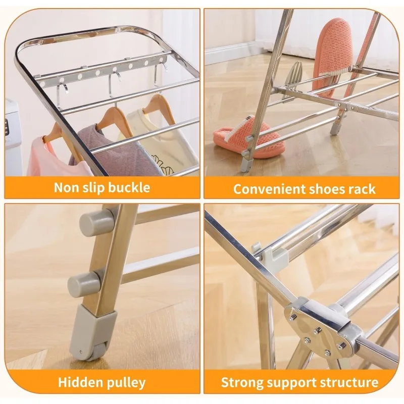 Foldable Clothes Drying Rack has 21 Rods, Non-Slip Buckle, Shoe Rack and Wheels ，Stainless Steel Laundry Drying Rack 4