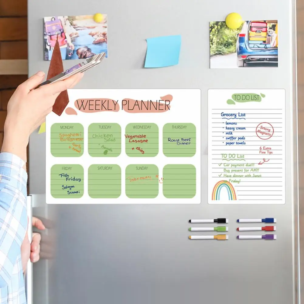 Fridge Pvc Board Magnetic Weekly Planner Efficient Weekly Planning Scratch-proof Magnetic Fridge Calendar Kit with Pens Organize