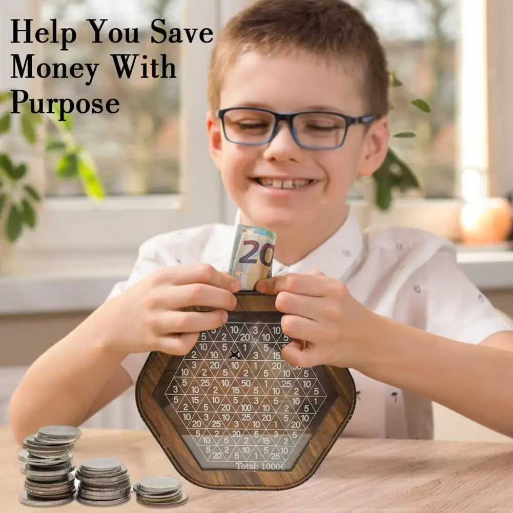 Money Box Hexagonal Wooden Piggy Bank with Digital Scale for Kids Adults Achieve Savings Goals with Children's Savings Target 5