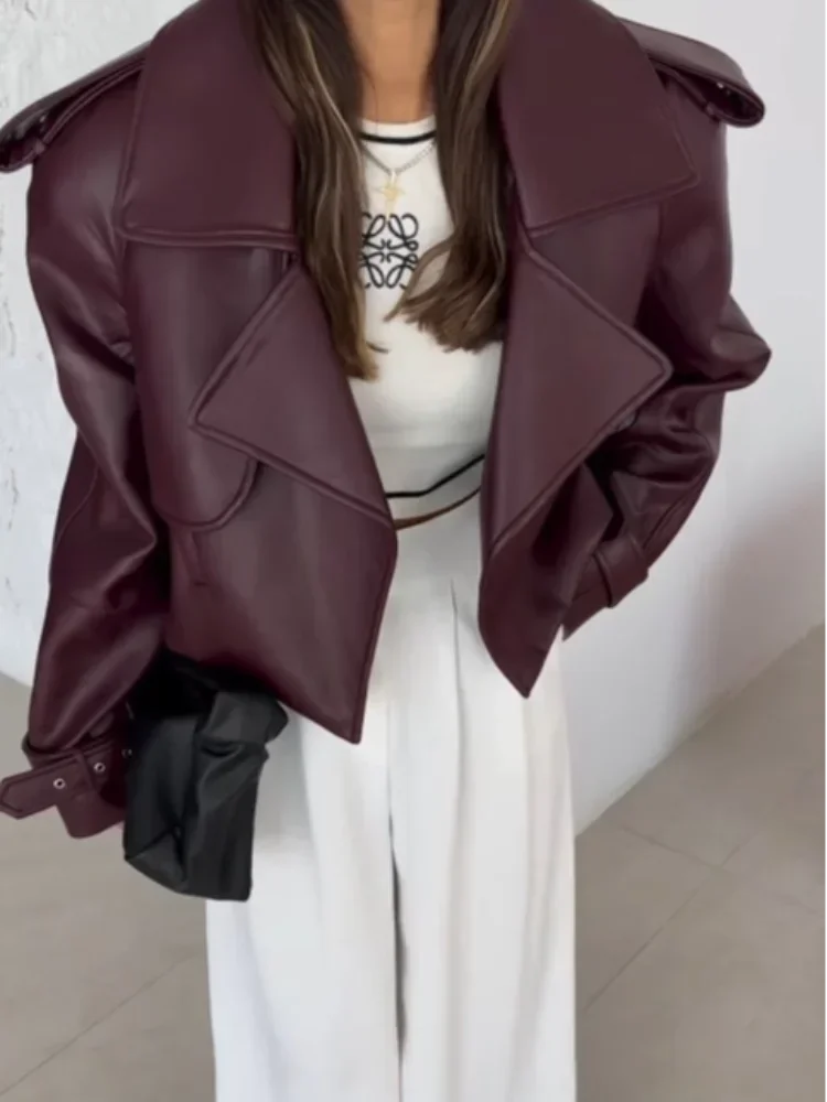 Women's Red Pu Leather Burgundy Solid Lapel Cropped Jacket Female Pockets Long Sleeves Short Coat 2024 Lady Autumn Streetwear 5