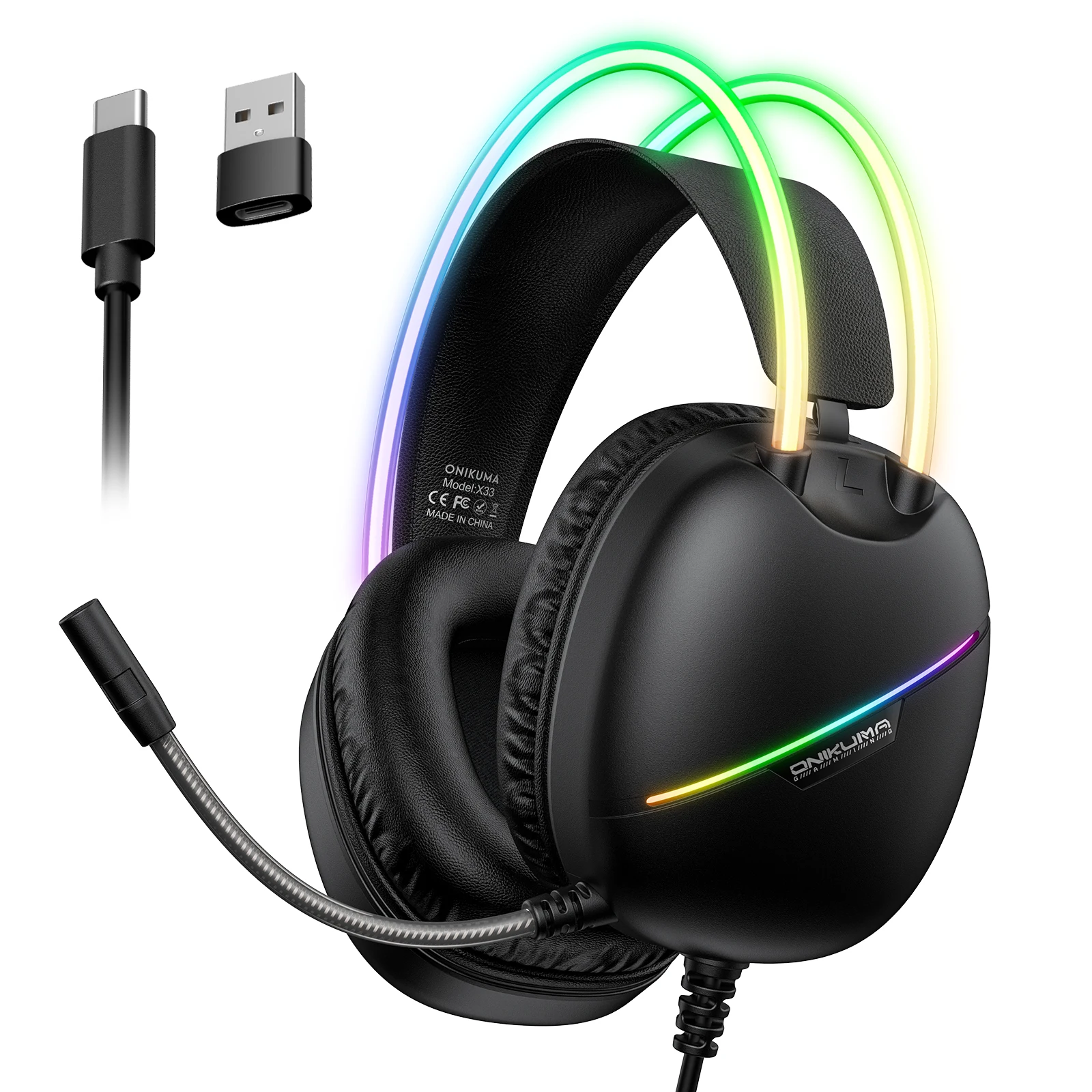ONIKUMA X33 Gaming-Headset, kabelgebunden, kompatibel mit PC und PS4, mit RGB-Beleuchtung, HD-Mikrofon und flexiblem Ohrhörer für Computer_voghion.com