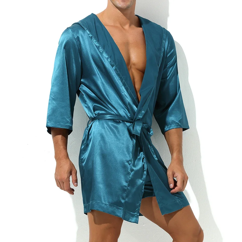 Mens Hooded Bathrobe Shorts Set Pajamas Night Robe Dress Gown Male Silk Satin Nightgown Kimono Bathrobe Sleepwear House Robe Men