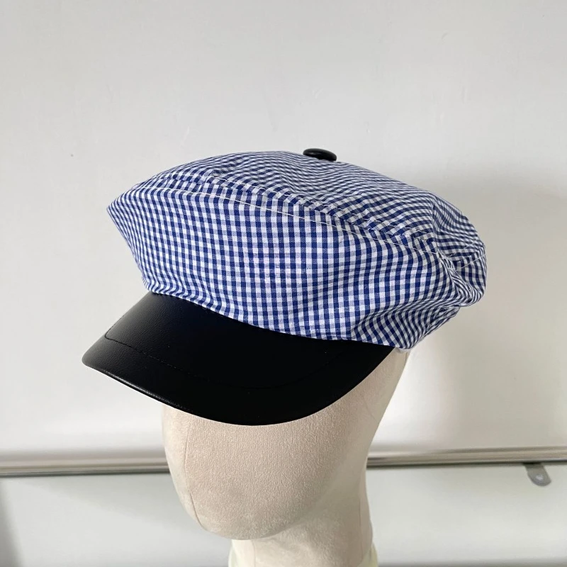 Korean Blue and White Striped Cotton Linen Thin Pu Short-brimmed Newsboy Hat Spring and Summer Female Versatile Painter Cap