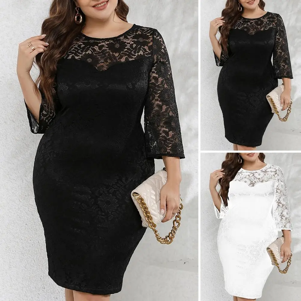 

Comfortable Stretch Dress Elegant Lace Embroidered Sheath Dress for Women Three Quarter Sleeve Knee Length Party Banquet Midi