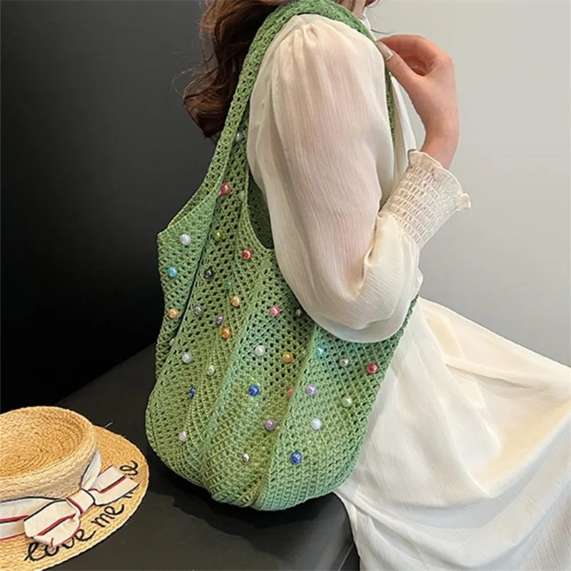 Hollow Out Woven Shoulder Tote Bag, Large Capacity Shopping Bags for Women Beach Bag, Hand Woven Knitting Handbag with Pearl