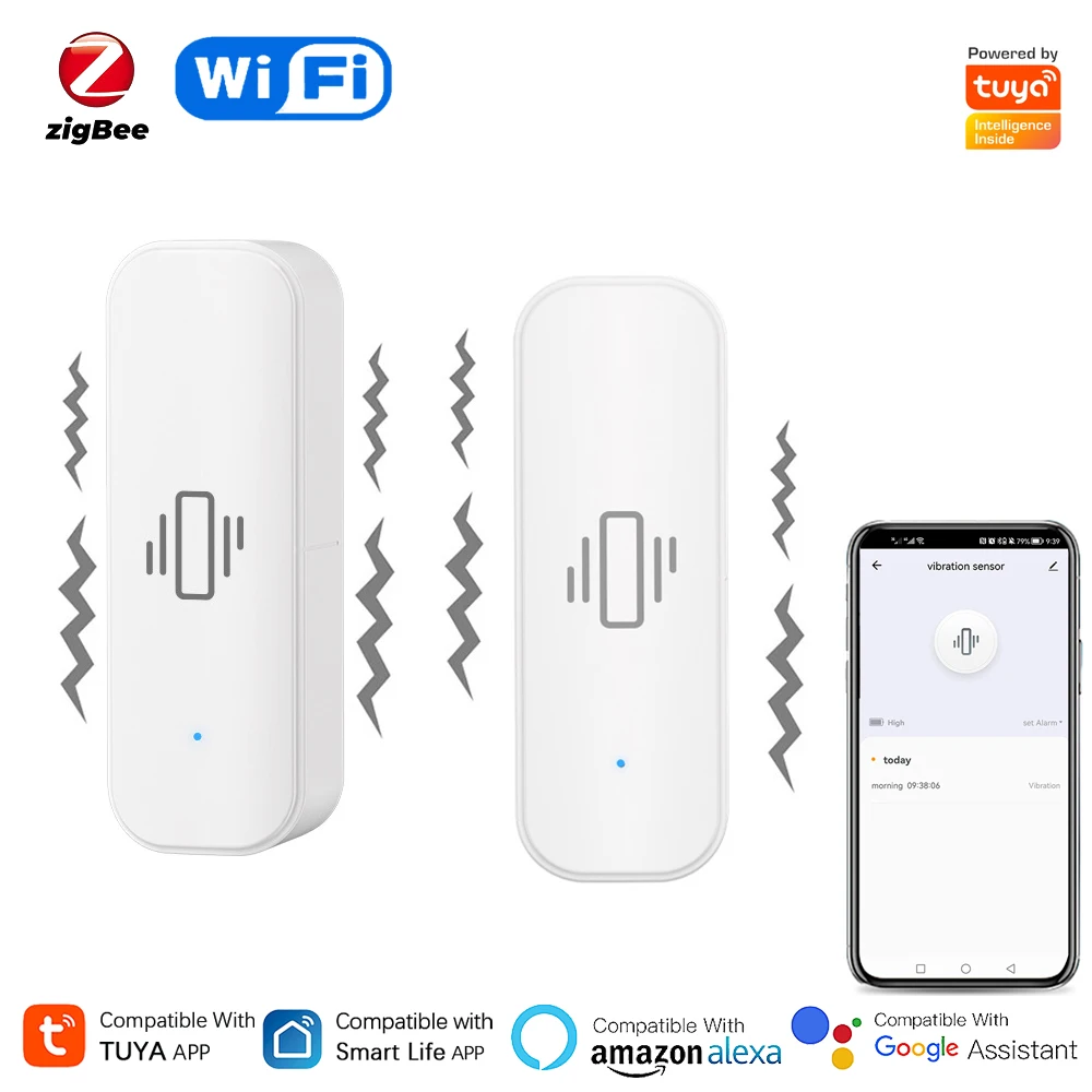 Умный датчик вибрации Tuya Wi-Fi/Zigbee, защита для дома, приложение Smartlife, удаленный мониторинг в режиме реального времени, уведомление о тревоге